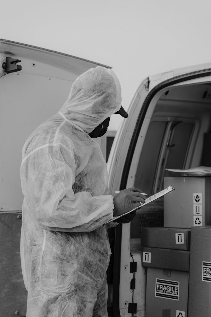 A courier in protective gear checking packages in a delivery van. Logistics and safety.